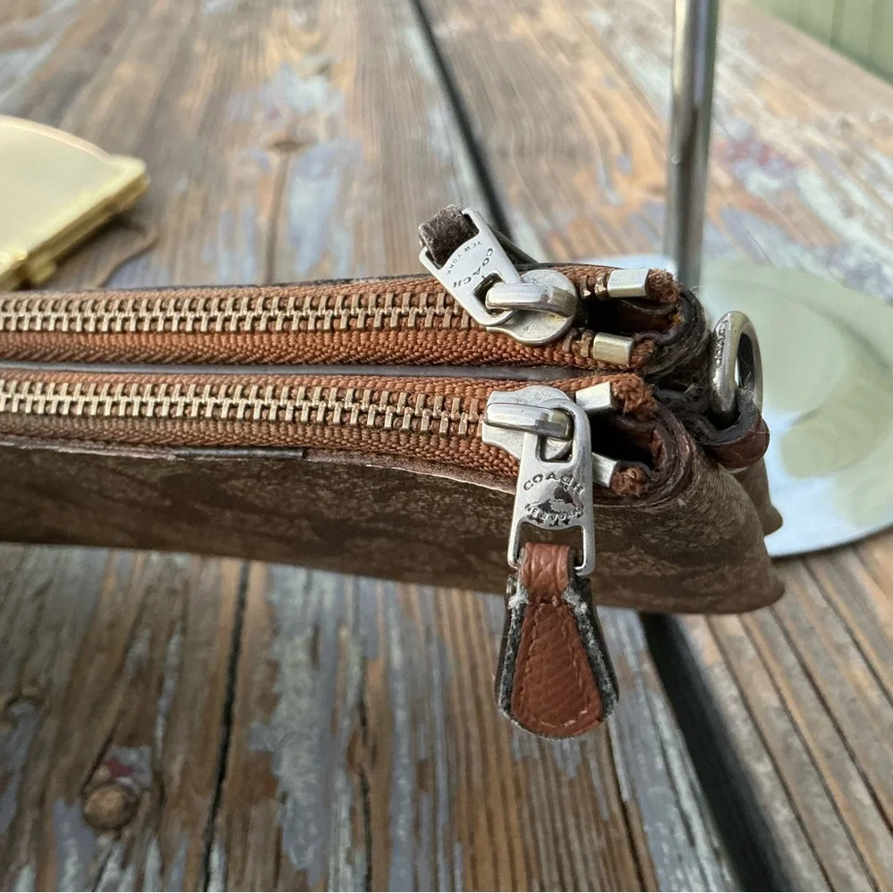Coach Brown Signature Coated Canvas Double Corner Zip Wallet Wristlet/Purse